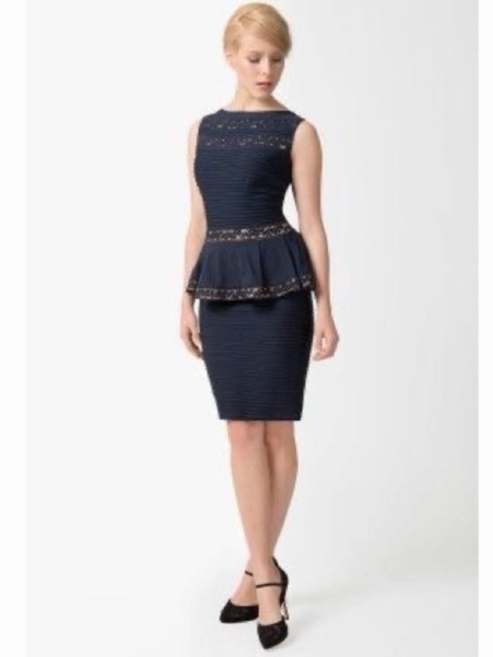 Tadashi Shoji Navy Blue Pintuck Peplum Lace Trim Cocktail Sheath Dress Women PXL
